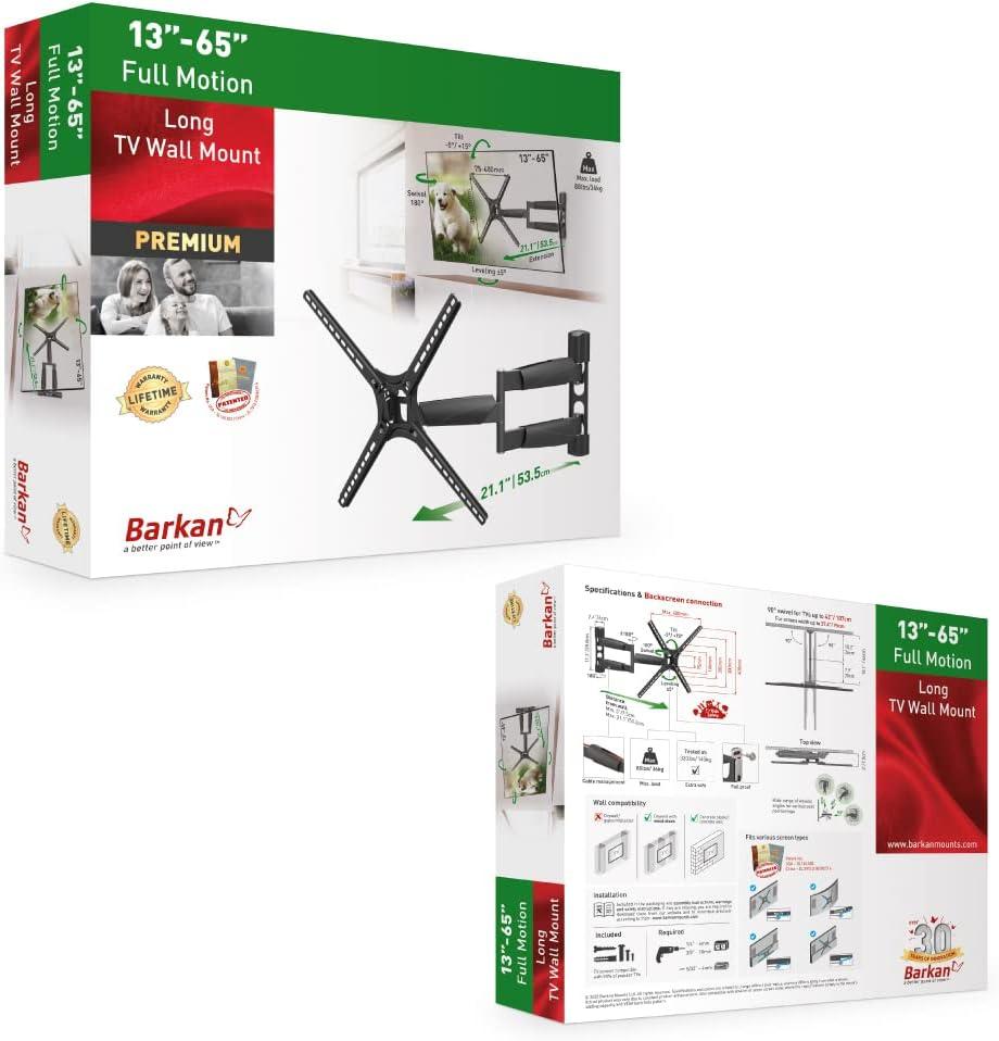 Barkan 13" - 65" Long TV Wall Mount. Full Motion - Extension, Swivel & Tilt