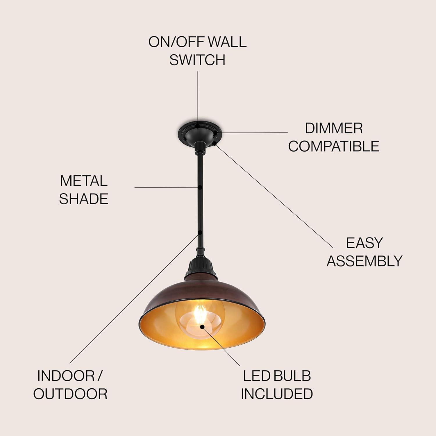 Jasper 12.25" 1-Light Farmhouse Industrial Indoor/Outdoor Iron LED Pendant, Wood Finish/Copper