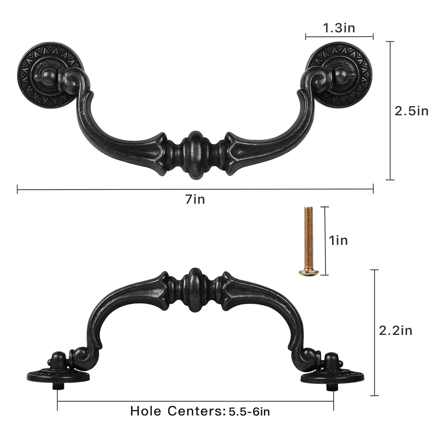 Supkiir 6 Pack Drawer Pulls Handles, 5.5" Hole Center Vintage Antique Black Kitchen Cabinet Knobs Drop Bail Pulls Handles 6.7" Total Length