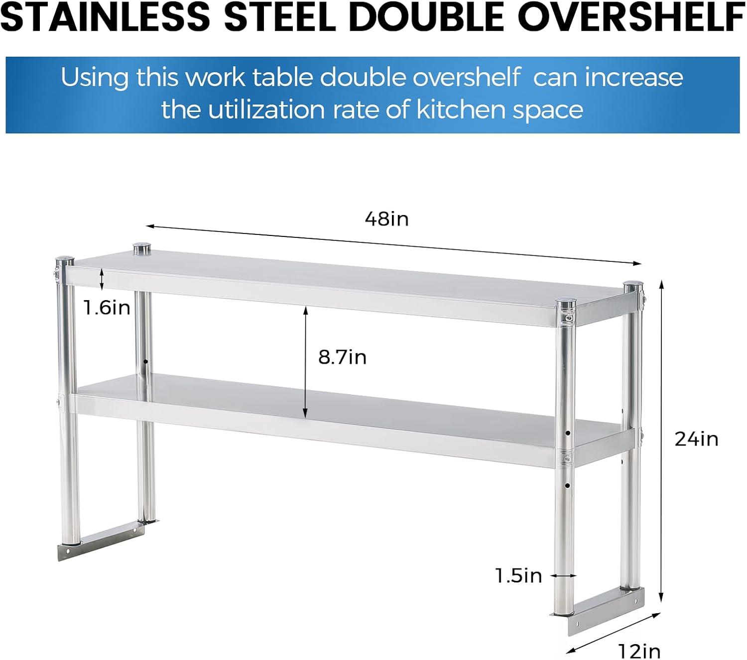 STRELECT 12"x48" Stainless Steel Overshelf for Prep & Work Table, NSF Commercial Adjustable Double Deck Overshelf 2 Tier for Restaurant, Bar, Utility Room, Kitchen and Garage