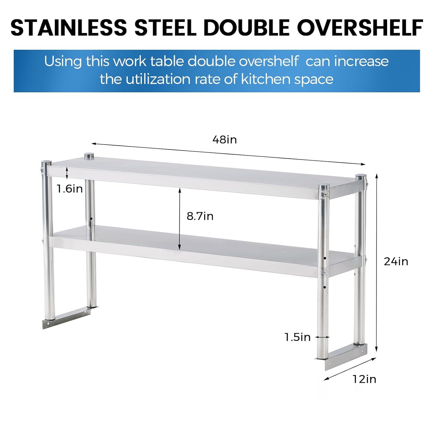 STRELECT 12"x48" Stainless Steel Overshelf for Prep & Work Table, NSF Commercial Adjustable Double Deck Overshelf 2 Tier for Restaurant, Bar, Utility Room, Kitchen and Garage