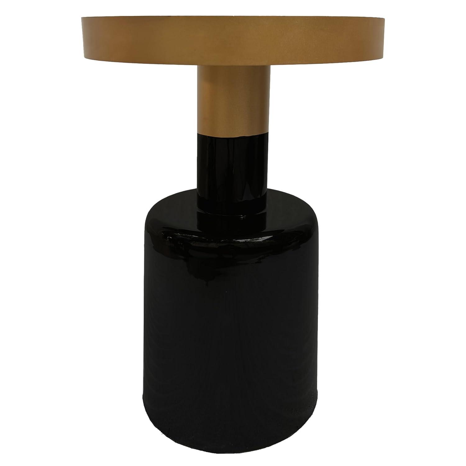 The Urban Port 20" Round Side End Table Gold Banded Natural White Marble Top Black Enamel Coated Iron Pedestal Base White/Gold