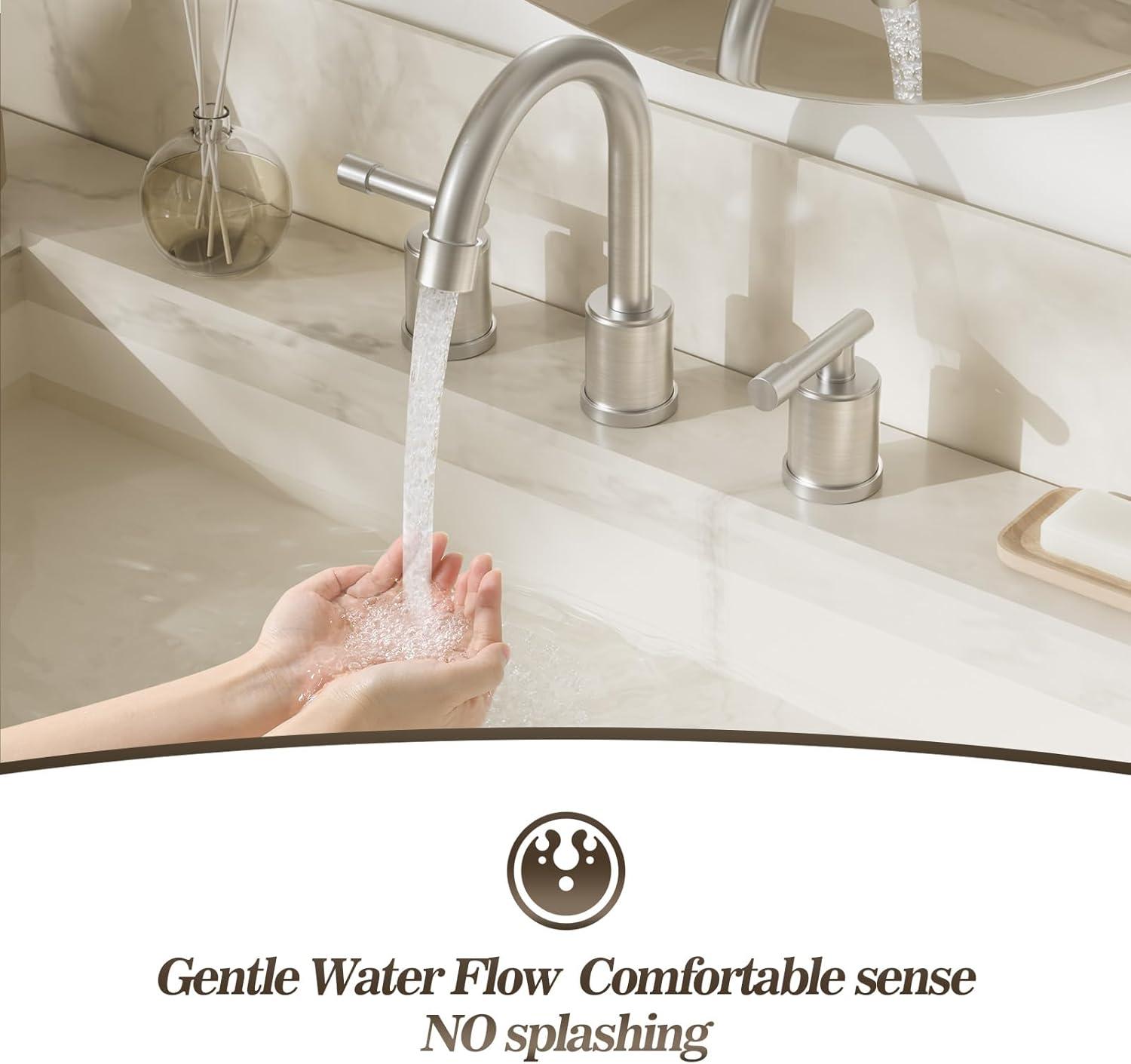 Phiestina 8 Inch Brushed Nickel Bathroom Faucet，3 Holes 2 Handles Widespread Stainless Steel Bathroom Sink Faucet with Metal Pop-Up Drain and Water Supply Lines,WFZY01-BN