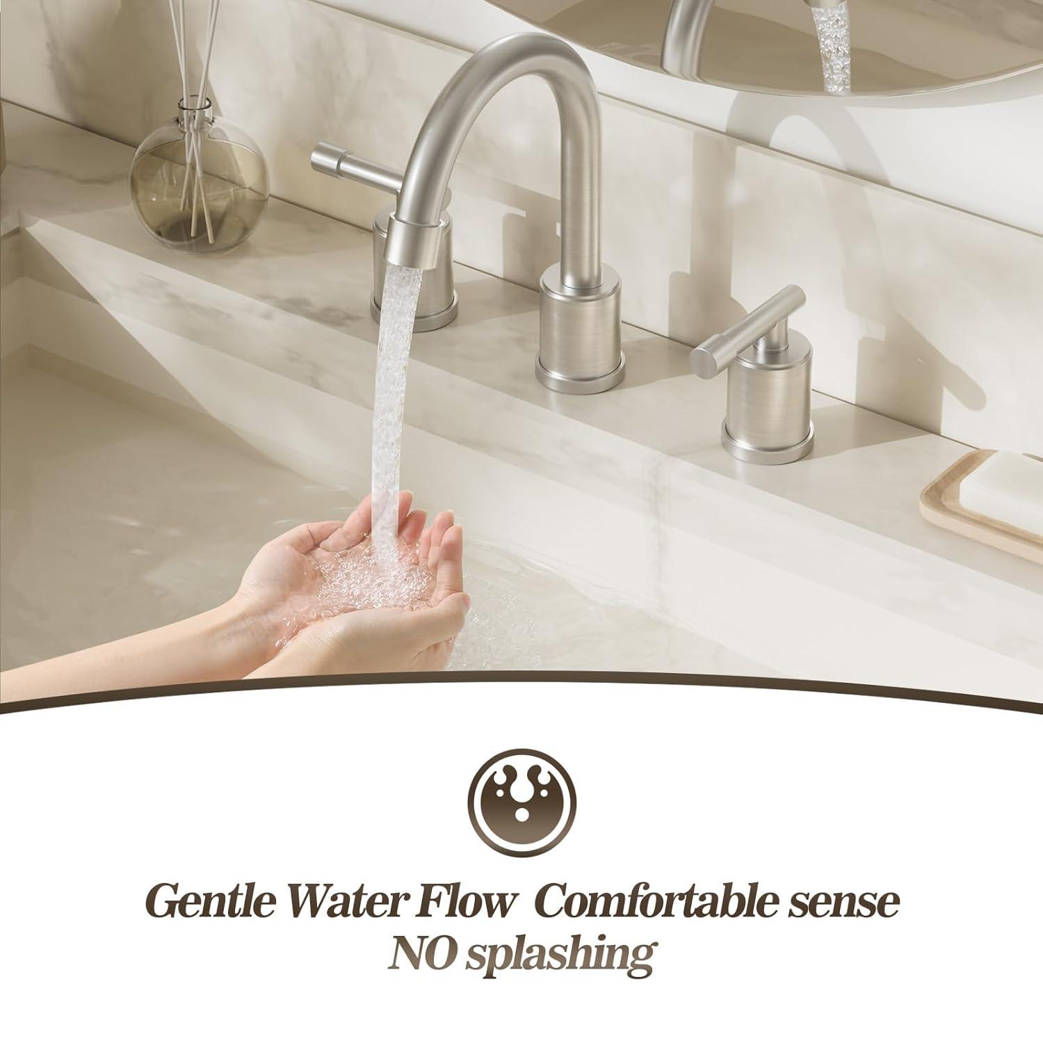 Phiestina 8 Inch Brushed Nickel Bathroom Faucet，3 Holes 2 Handles Widespread Stainless Steel Bathroom Sink Faucet with Metal Pop-Up Drain and Water Supply Lines,WFZY01-BN