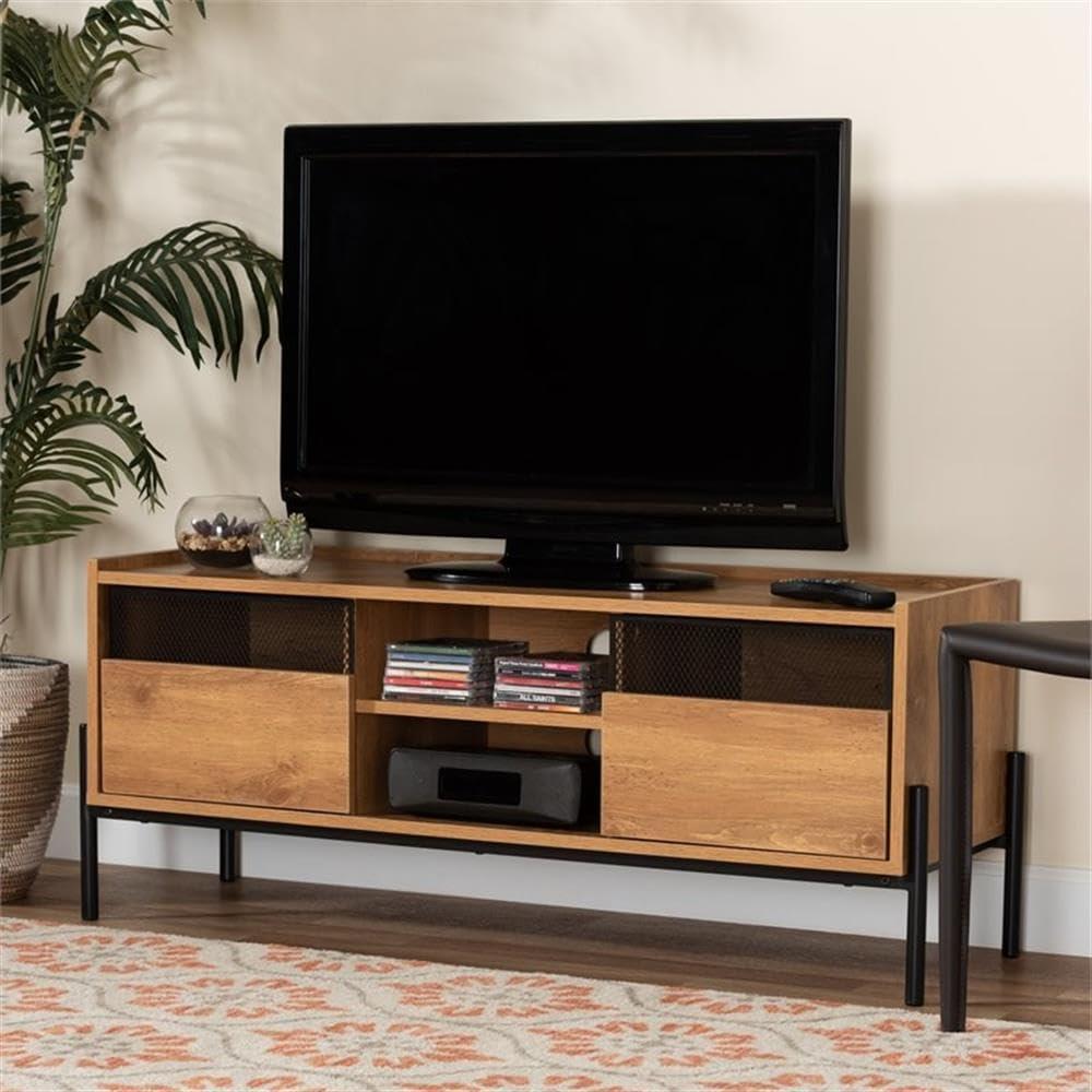 Tasman Wood and Metal 2 Door TV Stand for TVs up to 45" Natural Brown/Black - Baxton Studio