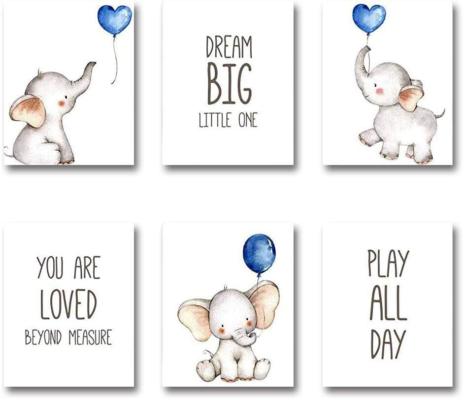 iMagitek Set of 6 Unframed Baby Boy Wall Art Prints, Blue Elephant Wall Decor with Balloons for Boy's Room (8" x 10")
