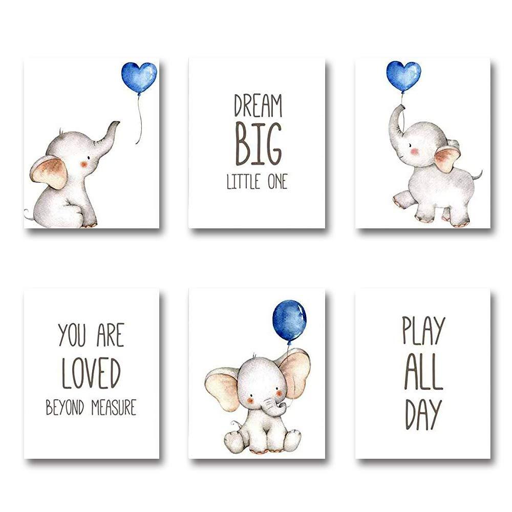 iMagitek Set of 6 Unframed Baby Boy Wall Art Prints, Blue Elephant Wall Decor with Balloons for Boy's Room (8" x 10")