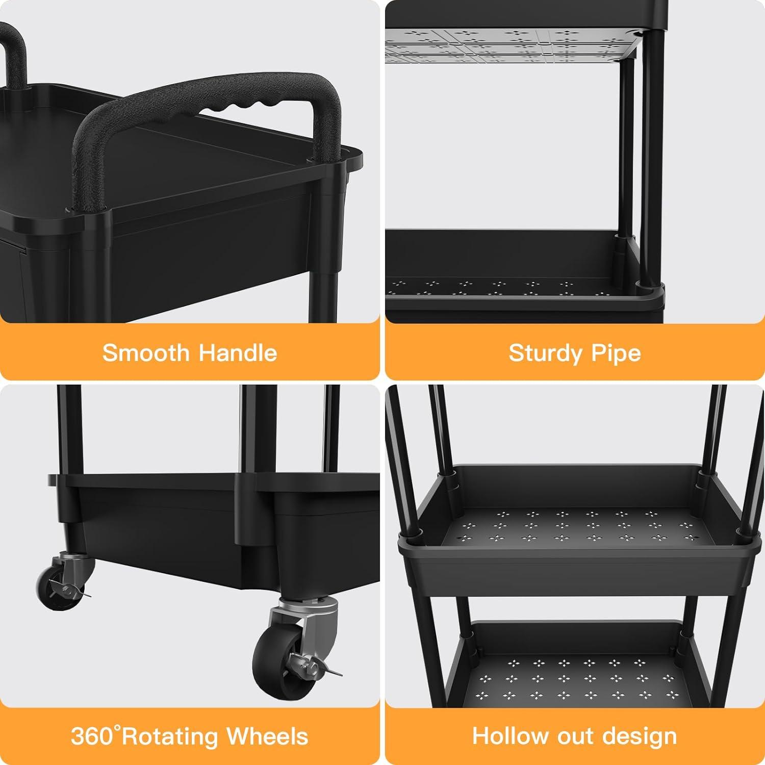4 Tier Rolling Utility Cart with Handle,REBECAT Utility Cart Made of Multifunctional Storage Organizer Tool for Kitchen,Bathroom,Living Room,Office(Black)