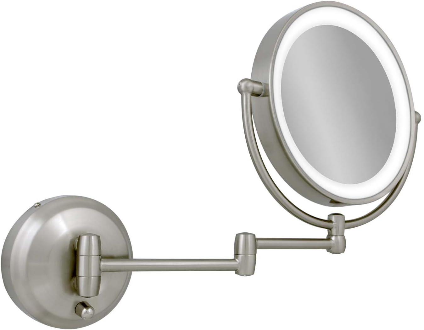 11" Round LED Wall Mount Powered by Battery or Adaptor Makeup Mirror Satin Nickel Finish - Zadro: 10x Magnifying, Spot Clean, Metal & Glass