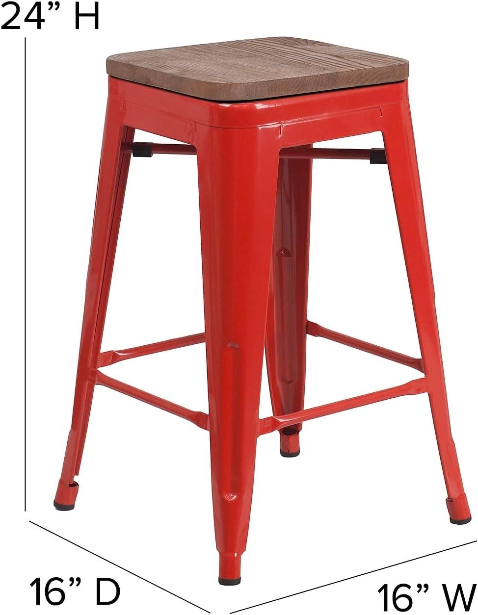 Flash Furniture Margherite 30" High Backless Metal Barstool with Square Wood Seat
