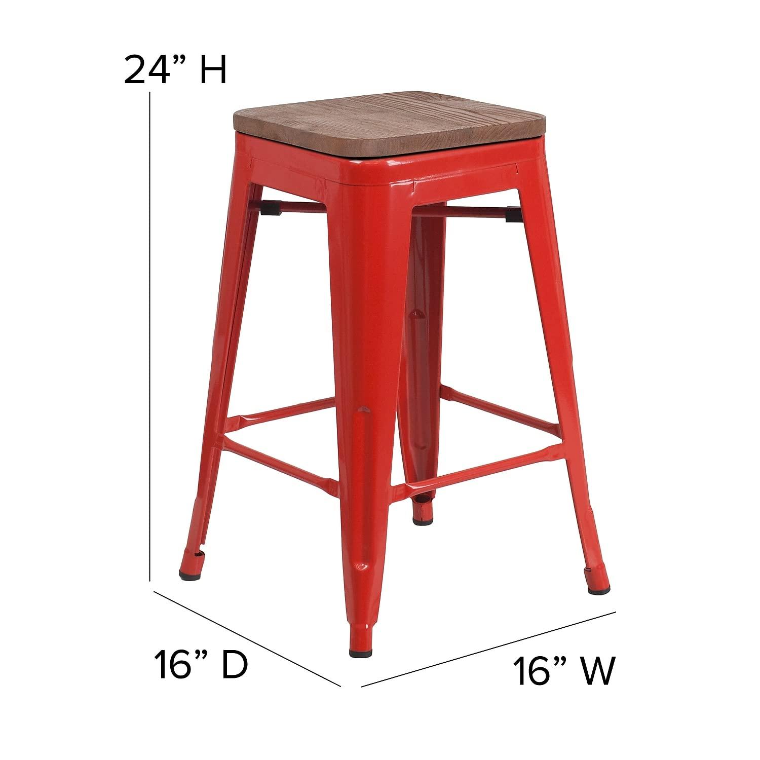 Flash Furniture Margherite 30" High Backless Metal Barstool with Square Wood Seat