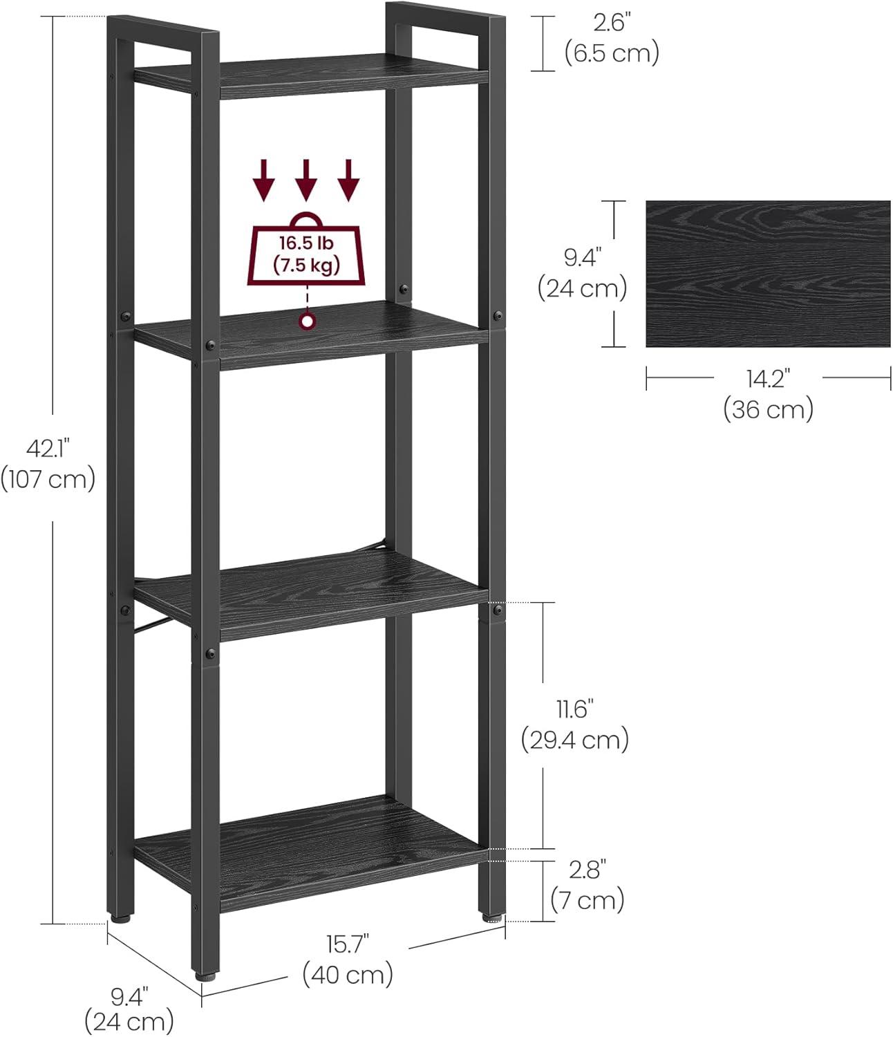 4-Tier Tall Bookshelf, Bookcase with Steel Frame, Book Shelf for Living Room, Home Office, Study, 9.4 x 15.7 x 42.1 Inches, Industrial Style, Ebony Black and Black ULLS099B56