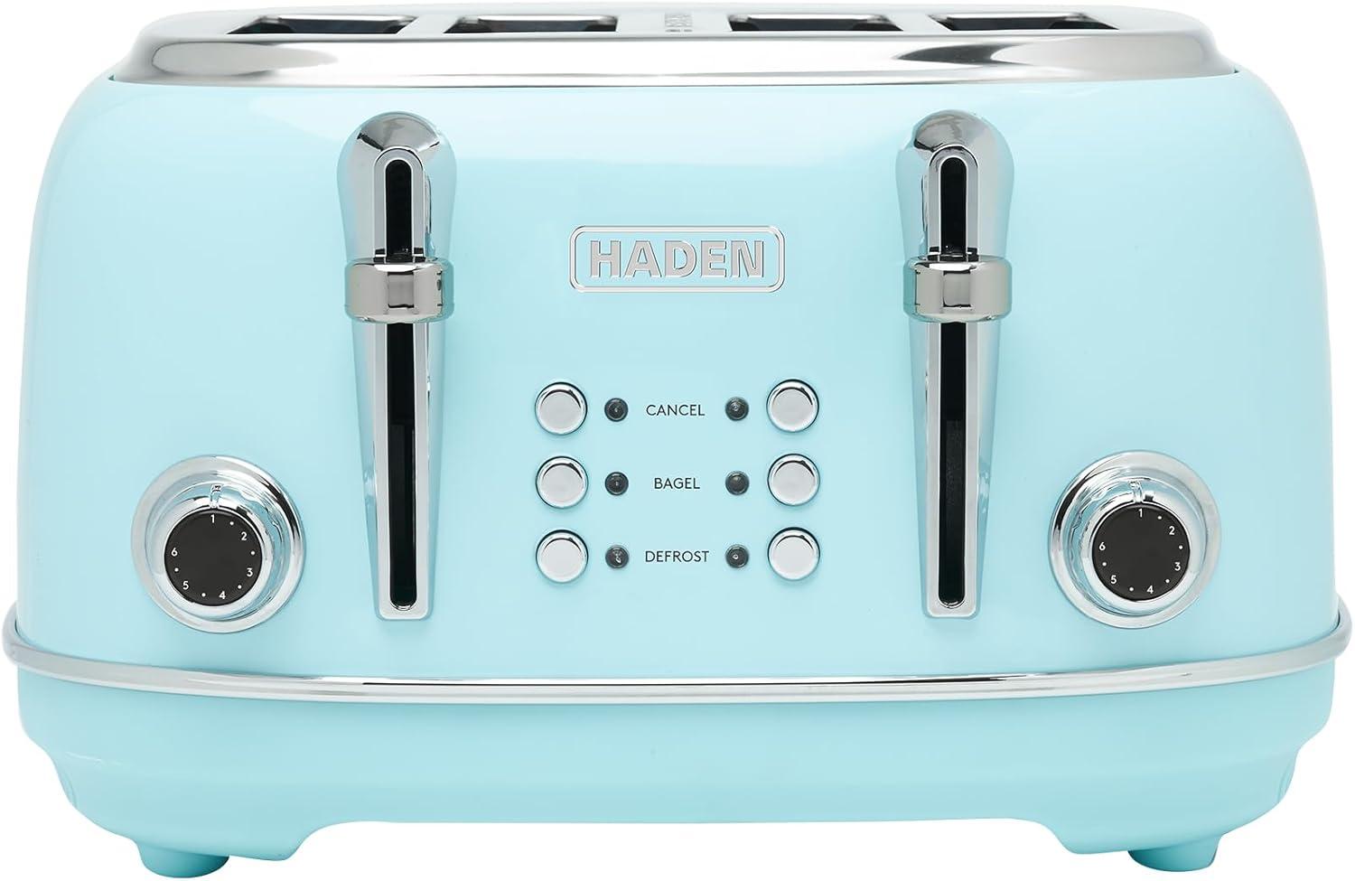 Haden Heritage 4 Slice Wide Slot Stainless Steel Toaster with Adjustable Browning Control & Non-Slip Feet, Turquoise & Chrome