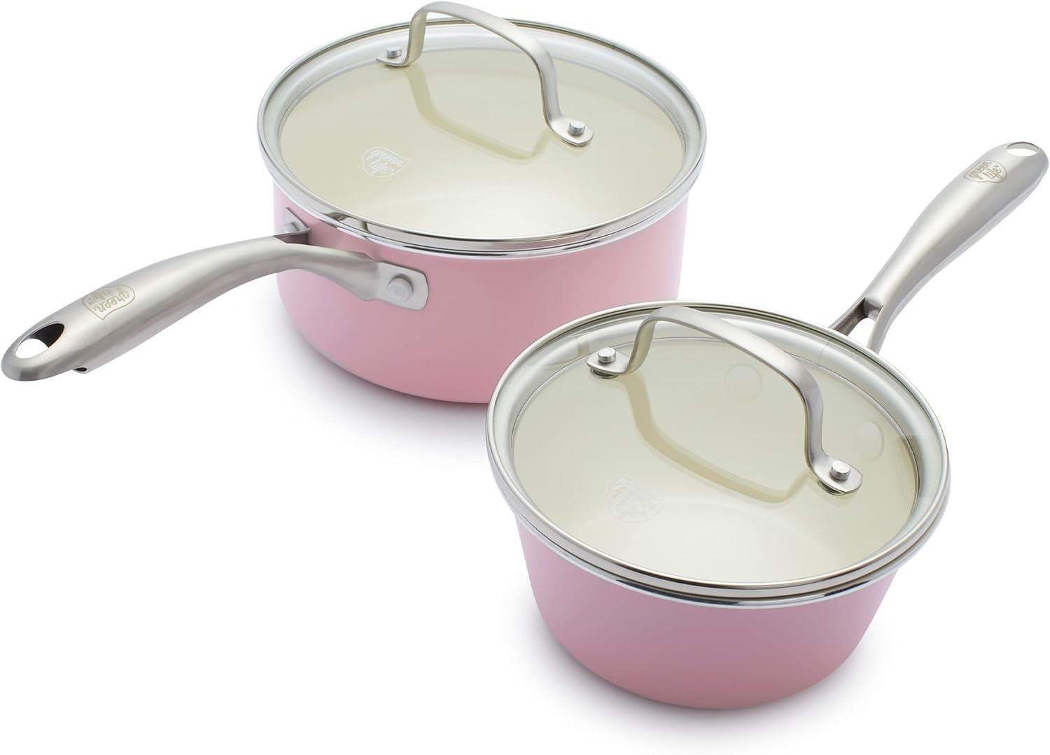 GreenLife Artisan Healthy Ceramic Nonstick, 1L And 2L Saucepan Set, Stainless Steel Handle