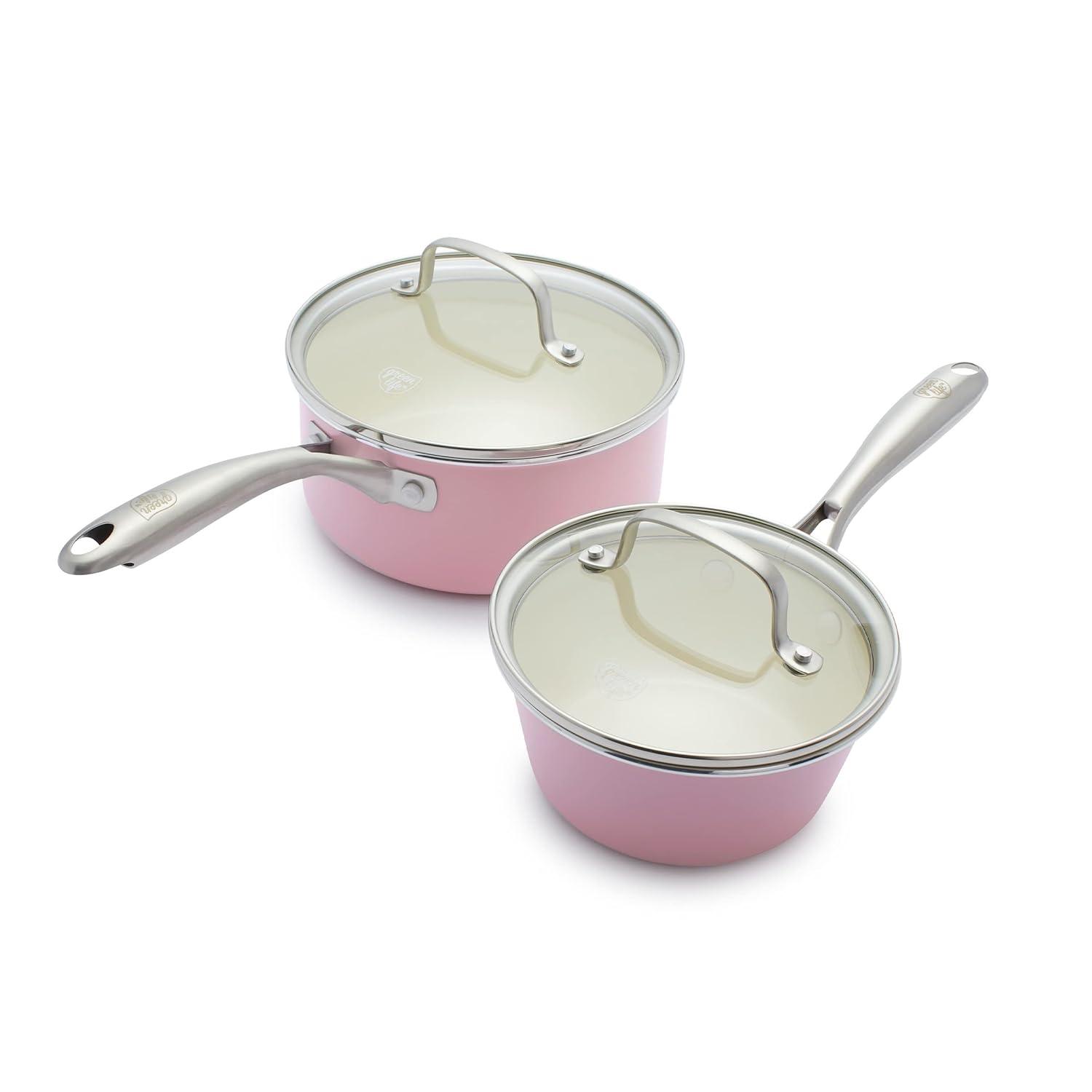 GreenLife Artisan Healthy Ceramic Nonstick, 1L And 2L Saucepan Set, Stainless Steel Handle