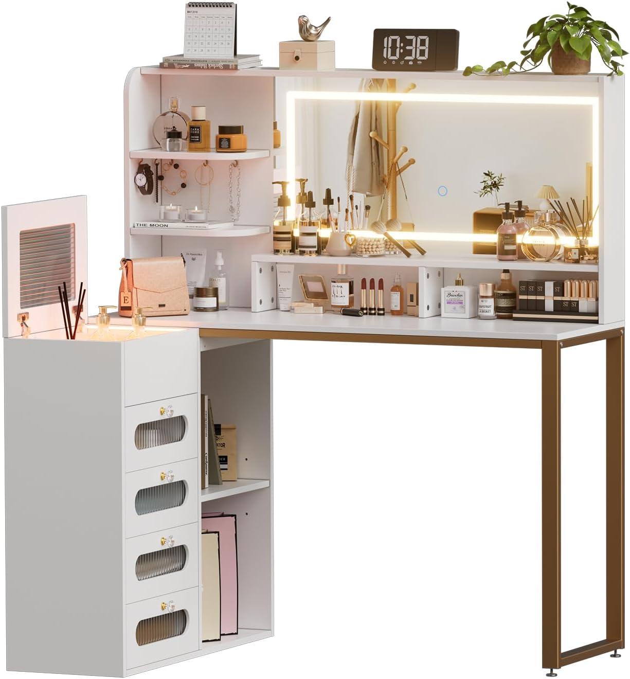 PAKASEPT Vanity Set with Lighted Mirror, Vanity Desk Makeup Vanity with 3-Color Adjustable Touch Light, 5 Drawers, Storage Shelves,Large Bedroom Vanitys for Women Girls