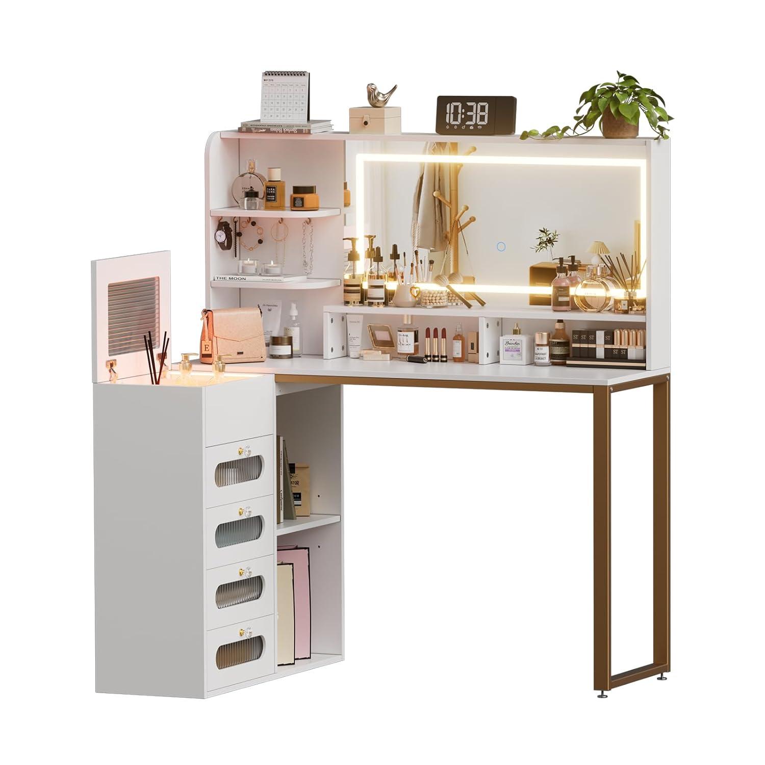 PAKASEPT Vanity Set with Lighted Mirror, Vanity Desk Makeup Vanity with 3-Color Adjustable Touch Light, 5 Drawers, Storage Shelves,Large Bedroom Vanitys for Women Girls