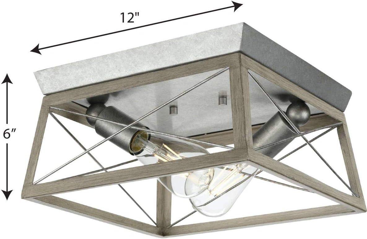 Progress Lighting Briarwood 2-Light Flush Mount, Galvanized Steel, Faux-Painted Wood Enclosure