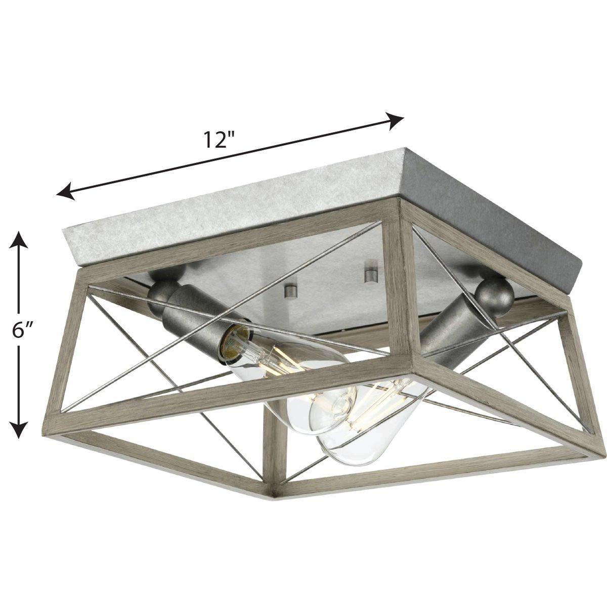 Progress Lighting Briarwood 2-Light Flush Mount, Galvanized Steel, Faux-Painted Wood Enclosure