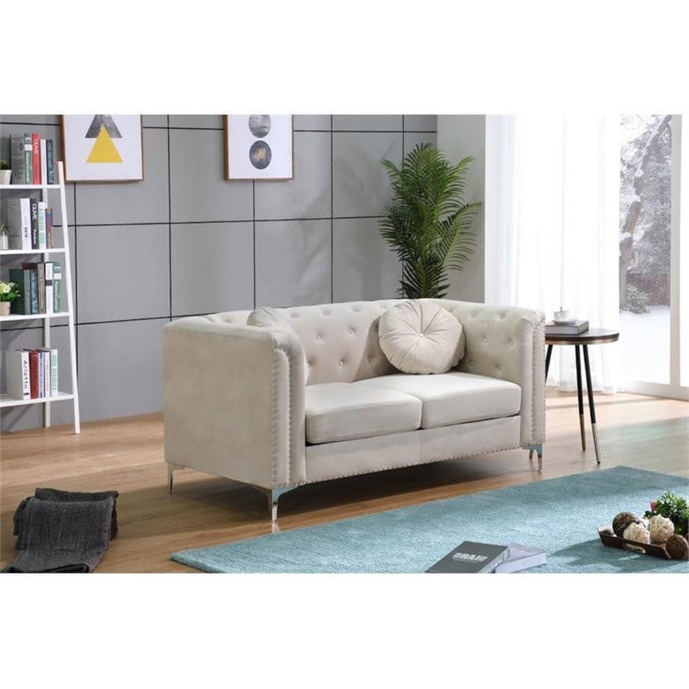 Ivory Velvet Tufted Loveseat with Nailhead Trim