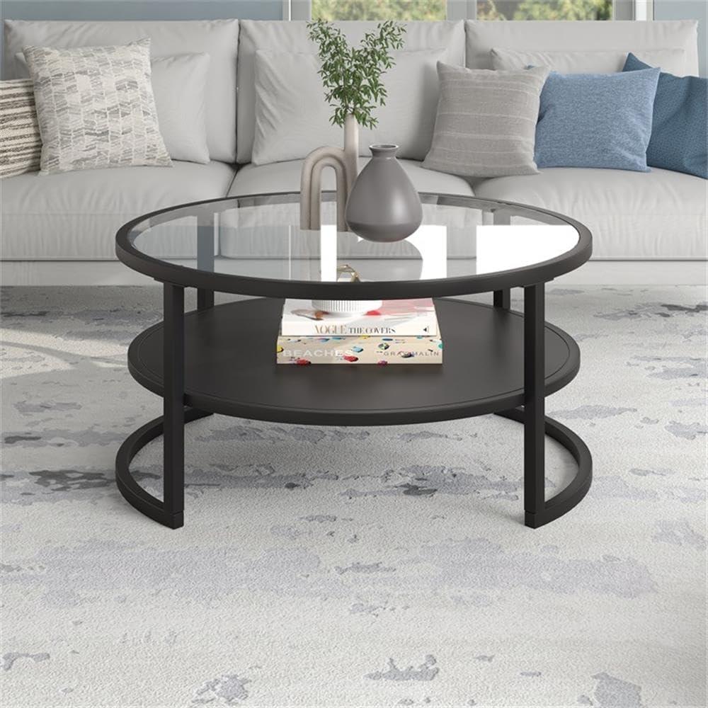 Evelyn&Zoe Winston 34.25" Wide Round Coffee Table with Metal Shelf in Blackened Bronze