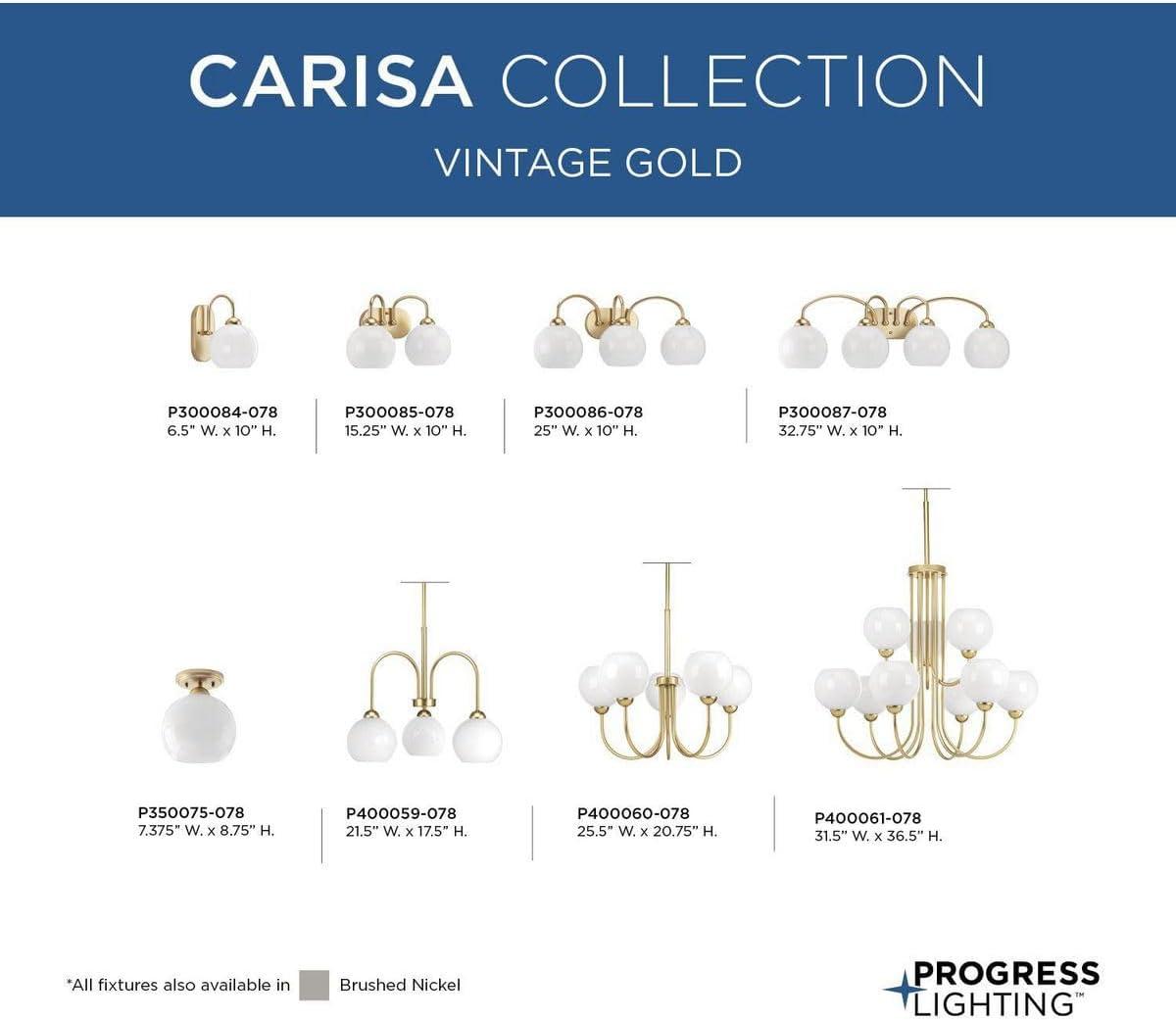 Progress Lighting Carisa 1-Light Bath Wall Light, Vintage Gold, White Glass Globe Shade