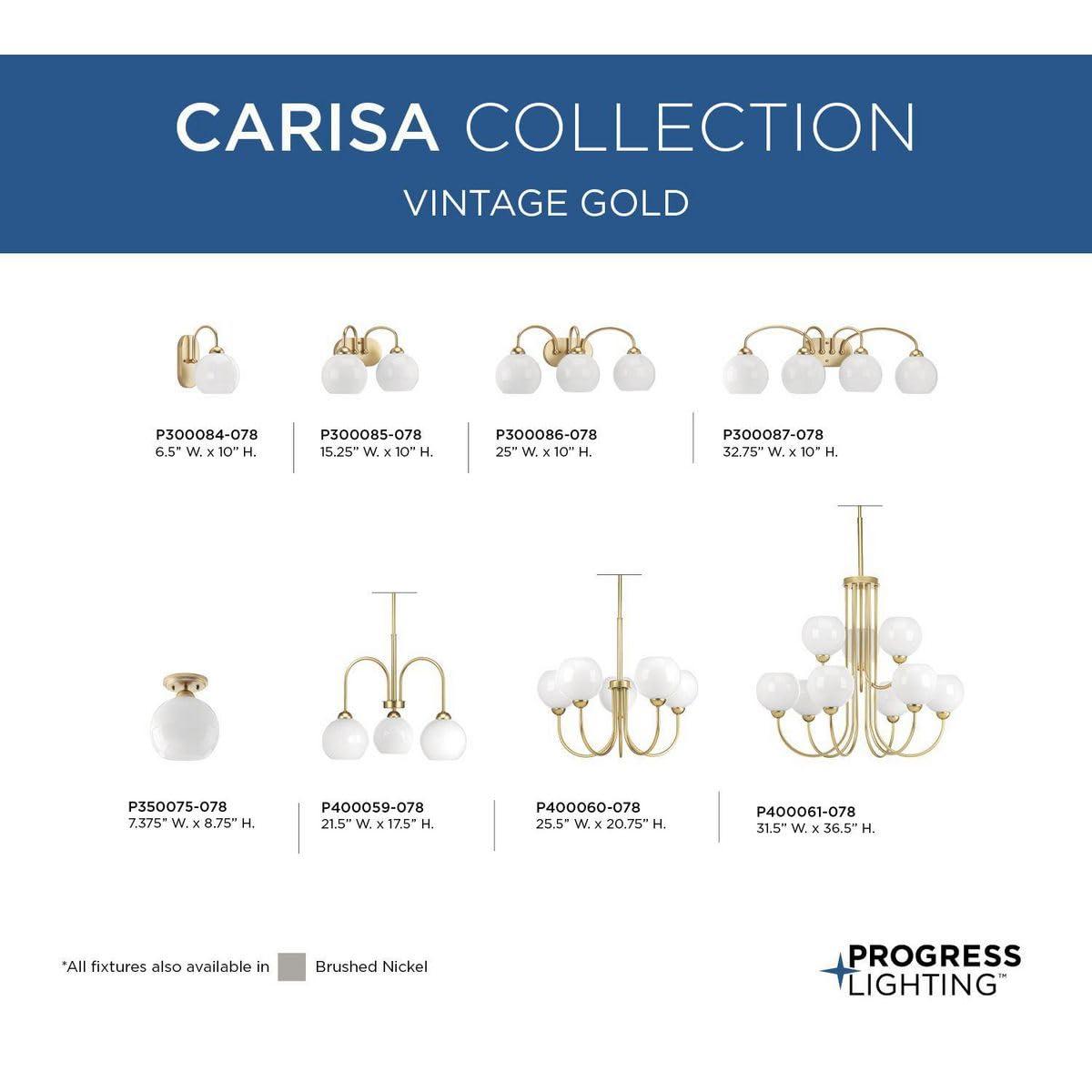 Progress Lighting Carisa 4-Light Bath Wall Light, Vintage Gold, White Glass Globes