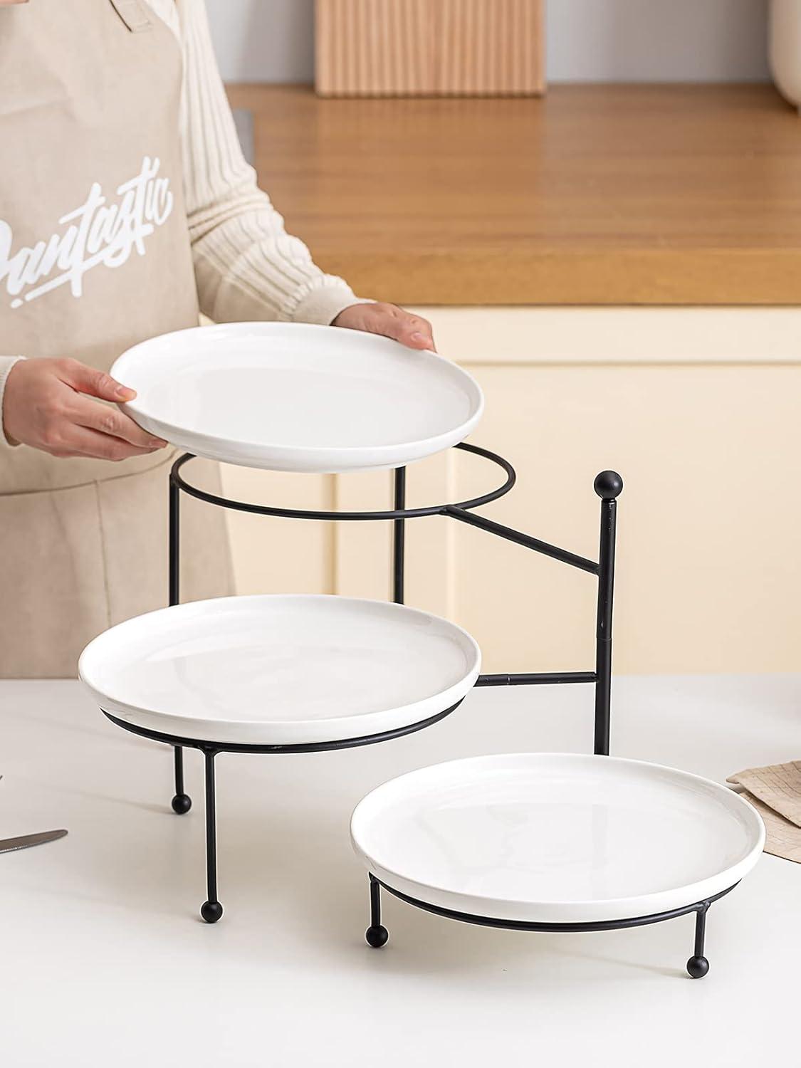 White Ceramic 3-Tier Round Serving Stand with Black Metal Frame