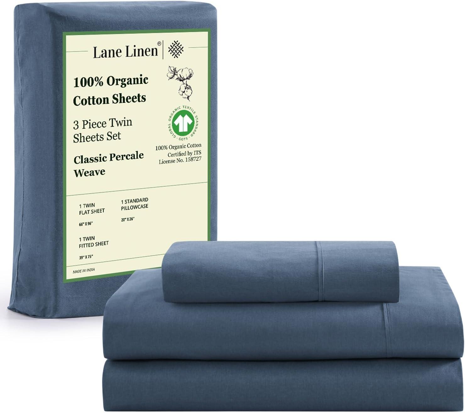 LANE LINEN 100% Organic Cotton Sheets Twin Size, Mercerized Cotton Fully Elasticized Soft & Comfy Bedding Sheets & Pillowcase Set, Good for Dorm Room, Deep Pocket Fully Elasticized Sheet- Navy