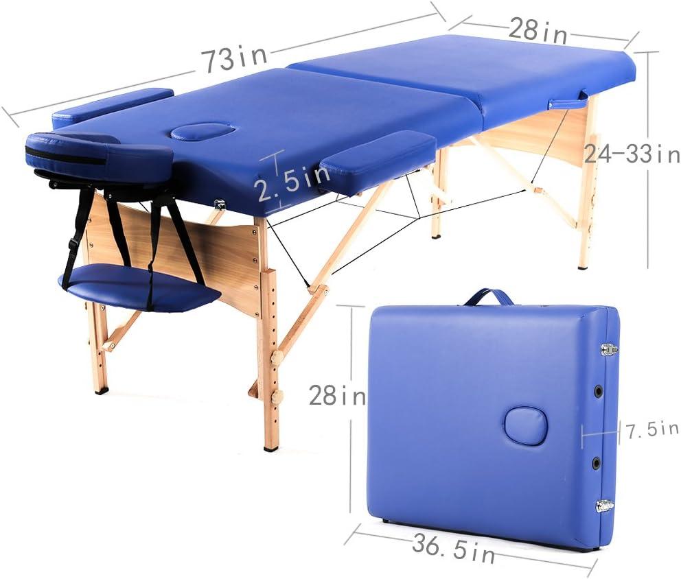 FDW Portable 84 Inches Long 28 Inchs Wide Hight Adjustable Table 2 Folding Massage Spa Facial Cradle Salon Bed W/Carry Case,Blue