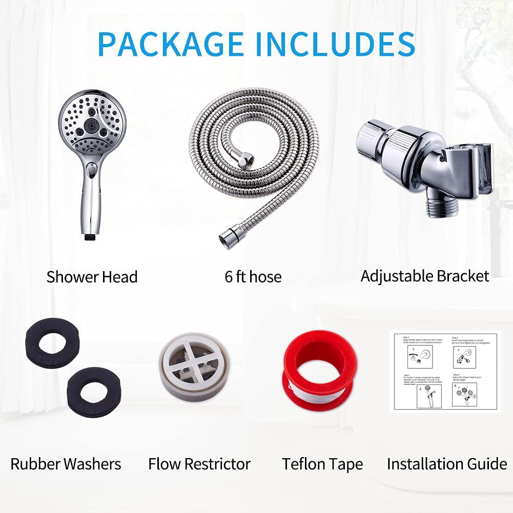 VXV Bathroom Handheld Shower Head with on off Switch, 6 Spray Setting Removable Hand Held Showerheads with 6 FT Stainless steel Hose and Adjustable Angle Bracket(Chrome)