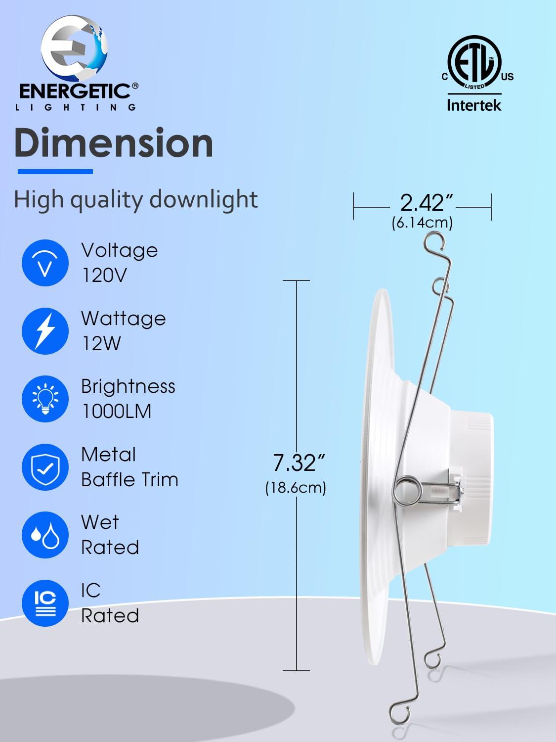12 Pack 5/6 Inch 5CCT LED Recessed Lighting Retrofit, 2700K/3000K/4000K/5000K/6500K Selectable, Dimmable Can Lights with Baffle Trim, 12W=150W, High Brightness 1000LM, IC& Wet Rated, ETL&FCC Certified