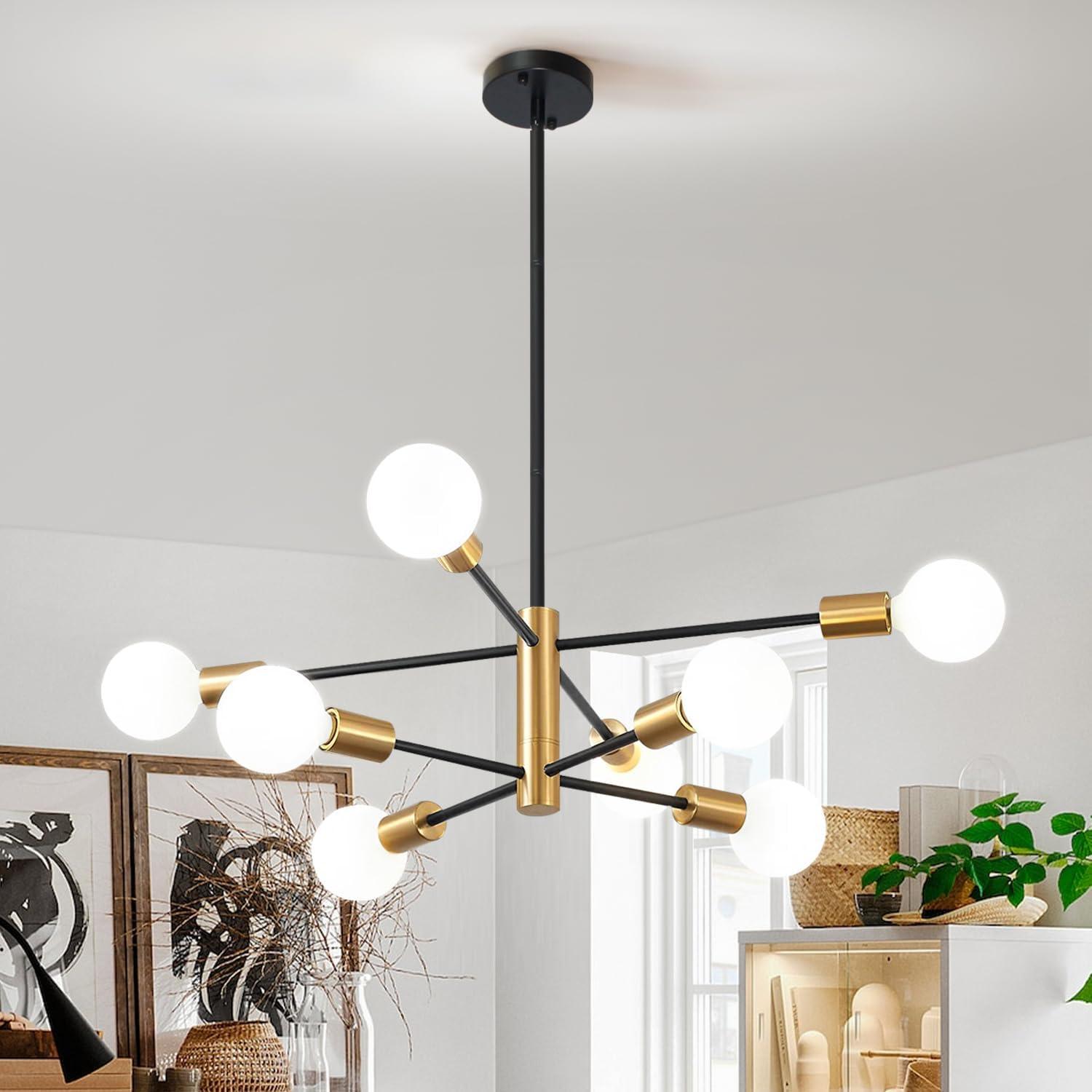 KAISITE Modern Sputnik Chandelier - 8-Light Ceiling Light Fixture Height Adjustable Mid Century Plating Finished Black and Gold Chandelier for Bedroom Living Room Dining Room Kitchen Foyer