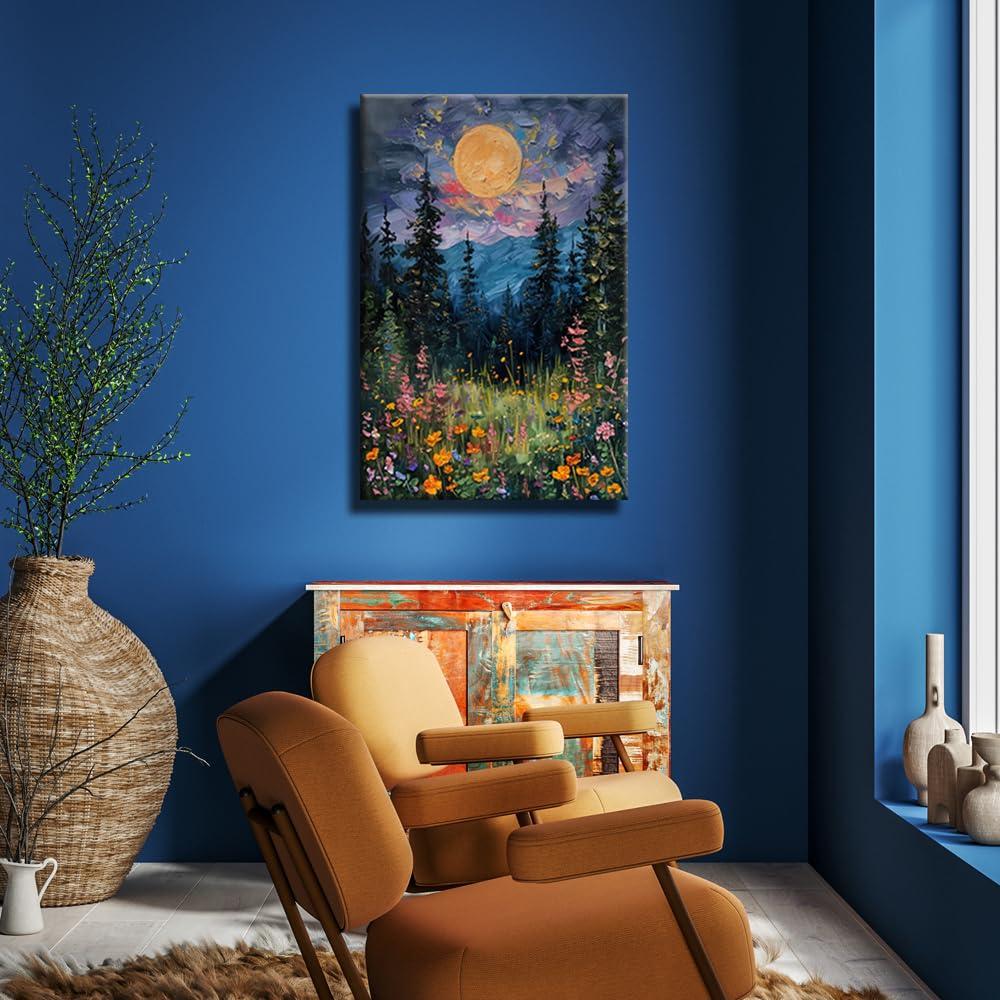 SFAOHPR Mystical Moon and Wildflowers Canvas Wall art Nature Flowers Oil Painting posters for room aesthetic Room Aesthetics Posters for Bedroom living room Home Decor ﻿12x16inch Unframed