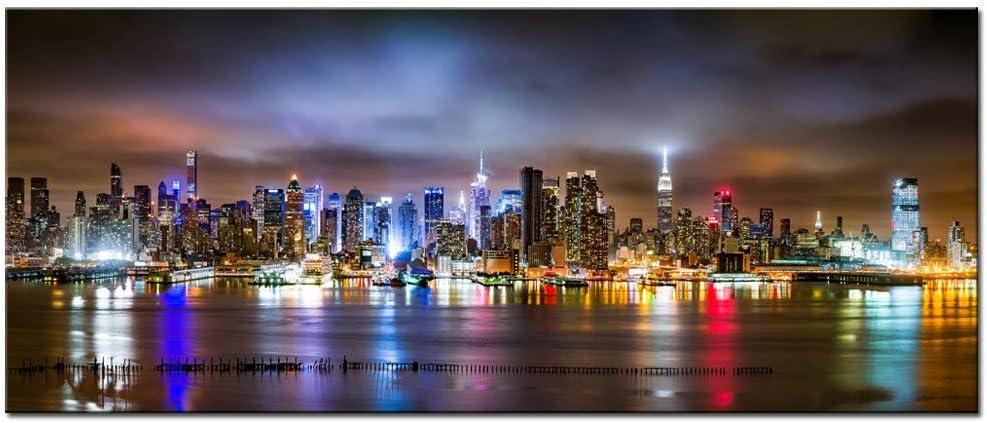sechars - New York City Wall Art Manhattan Skyline Panorama on Cloudy Night Picture Giclee Art Print Modern Home Office Wall Decoration