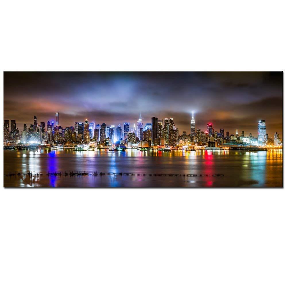sechars - New York City Wall Art Manhattan Skyline Panorama on Cloudy Night Picture Giclee Art Print Modern Home Office Wall Decoration