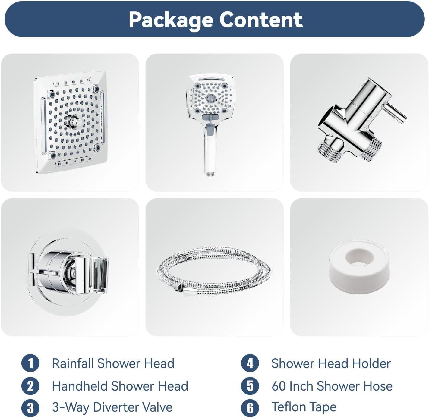 ELLO&ALLO Rain Shower Head with Handheld Spray, Rainfall Shower Head Combo with 60" Hose, Adjustable Dual Showerhead Set with 3-Way Diverter, Chrome