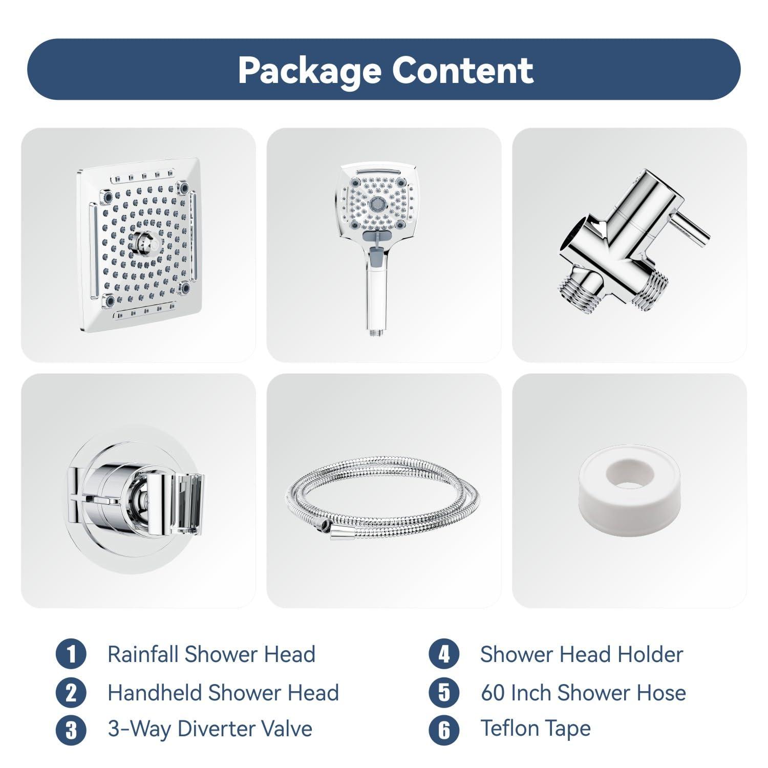 ELLO&ALLO Rain Shower Head with Handheld Spray, Rainfall Shower Head Combo with 60" Hose, Adjustable Dual Showerhead Set with 3-Way Diverter, Chrome