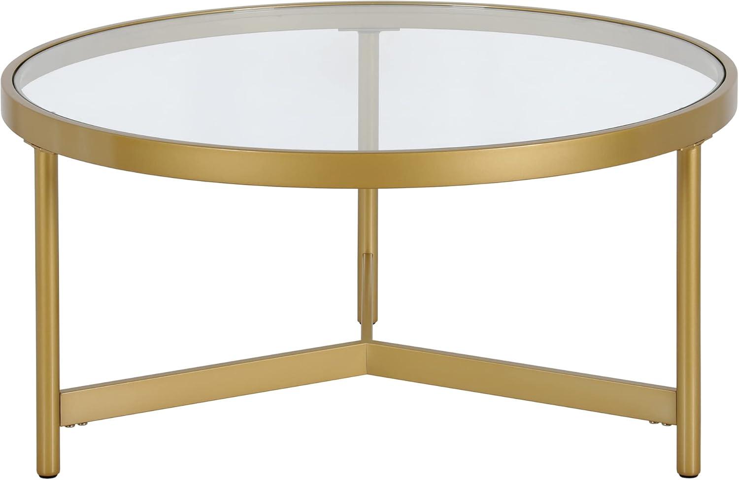 Evelyn&Zoe Yara 32" Wide Round Coffee Table with Glass Top, Brass