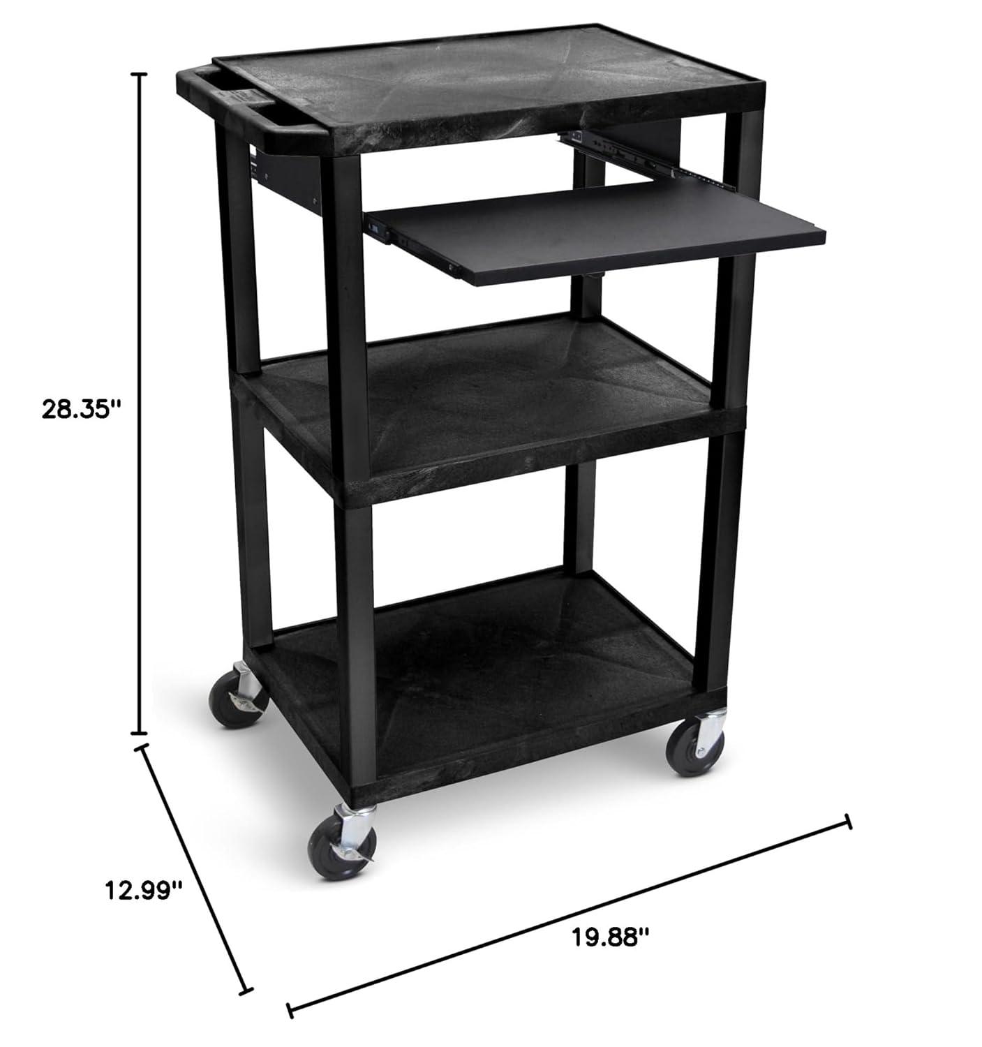 Black 42"H 3-Shelf Utility Cart with Pullout Tray