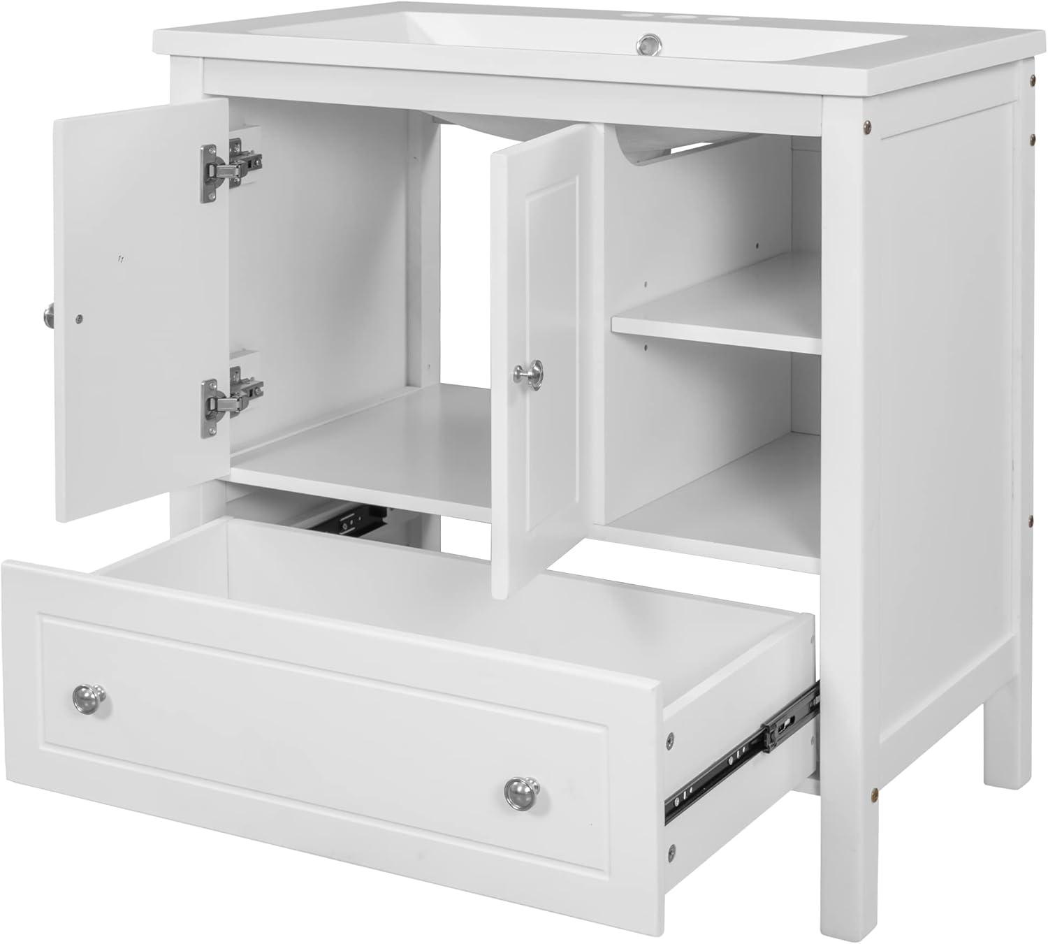 White 30" Freestanding Bathroom Vanity with Ceramic Sink and Storage