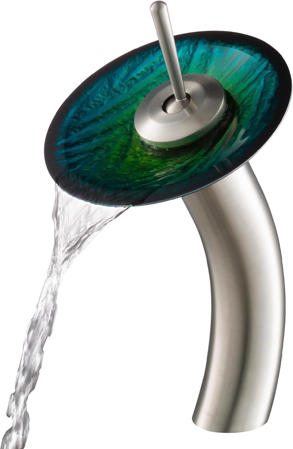 Kraus Nei Glass Bathroom Vessel Sink and Waterfall Faucet Set with Pop-Up Drain
