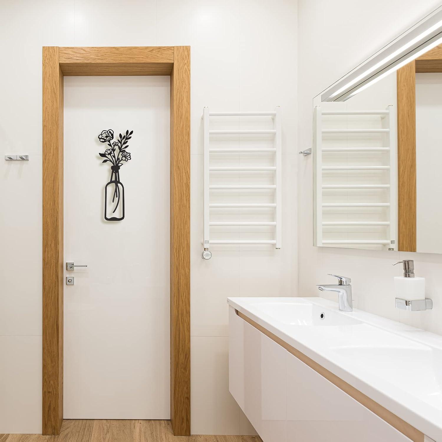 3 Pieces Black Metal Flowers Wall Decor Vase Art Sculptures Hanging for Indoor Kitchen Bathroom Dining Room Patio, 14.56x7.48 Inches