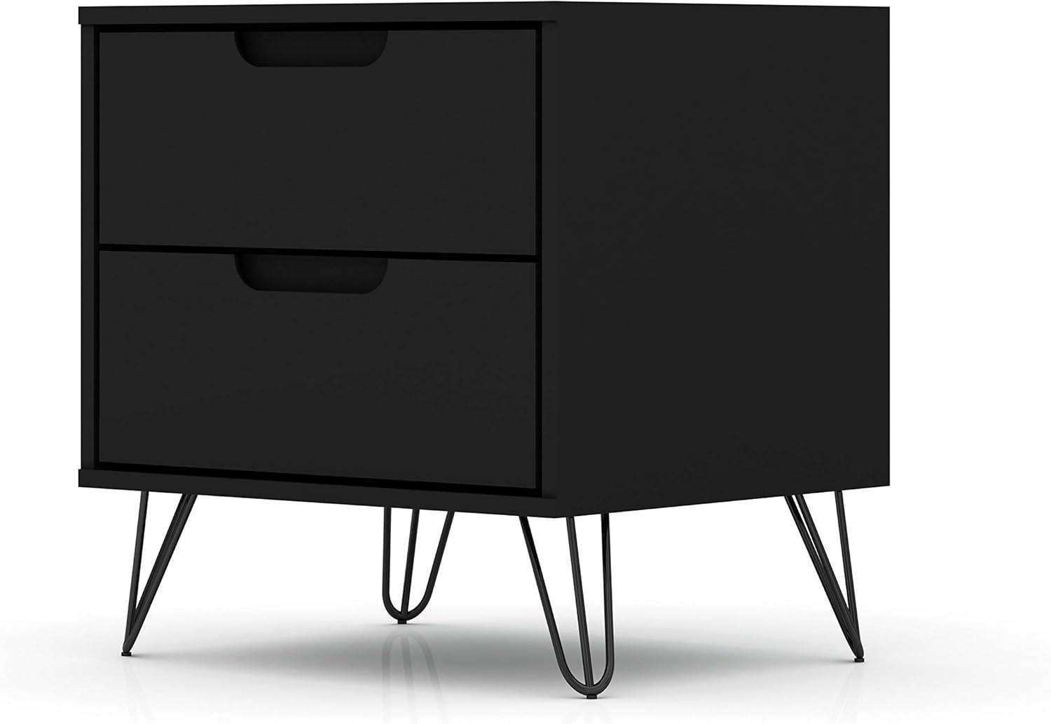2.0 Rockefeller Nightstand Black - Manhattan Comfort: Modern Bedside Table with Metal Legs & Storage