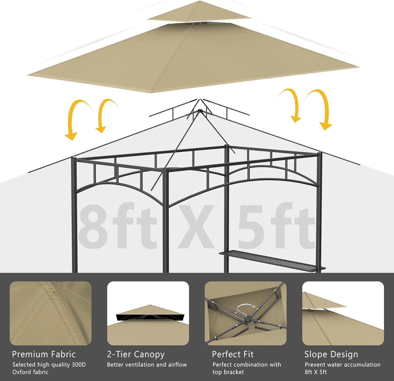 Khaki 5' x 8' Waterproof Grill Gazebo Canopy Top