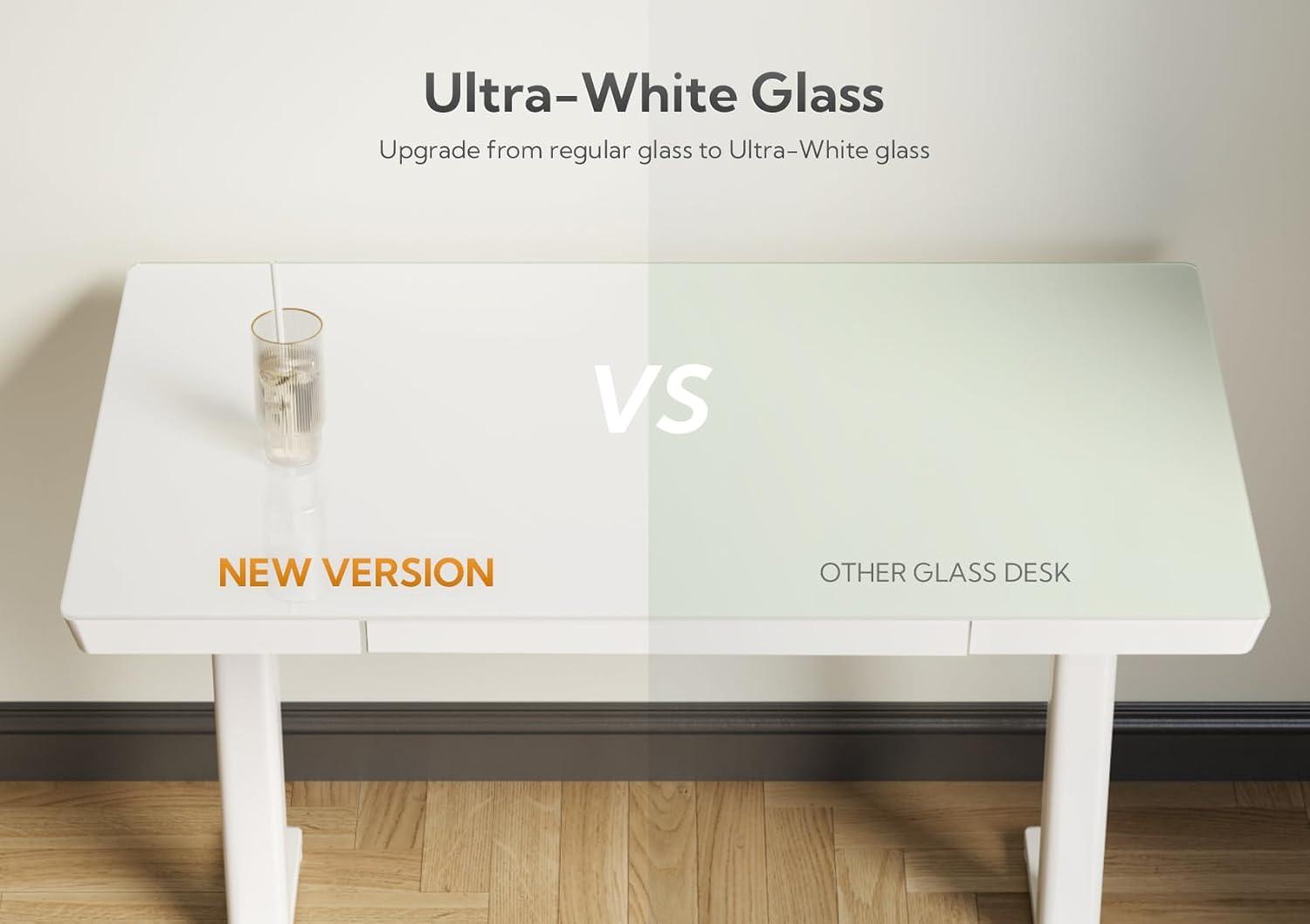 White Glass Adjustable Standing Desk with Drawer and USB Ports