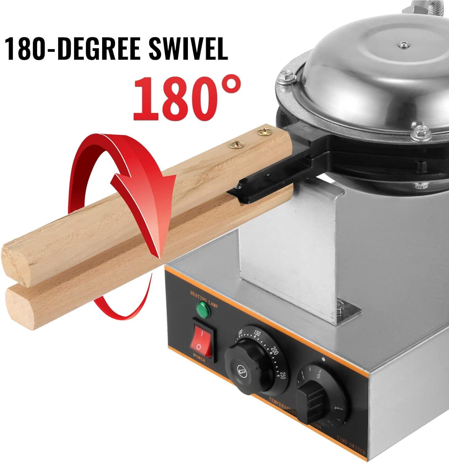 VEVOR Commercial Bubble Waffle Maker, 1400W Egg Bubble Puff Iron w/ 180° Rotatable 2 Pans & Wooden Handles, Stainless Steel Baker w/Non-Stick Teflon Coating, 50-250℃/122-482℉ Adjustable