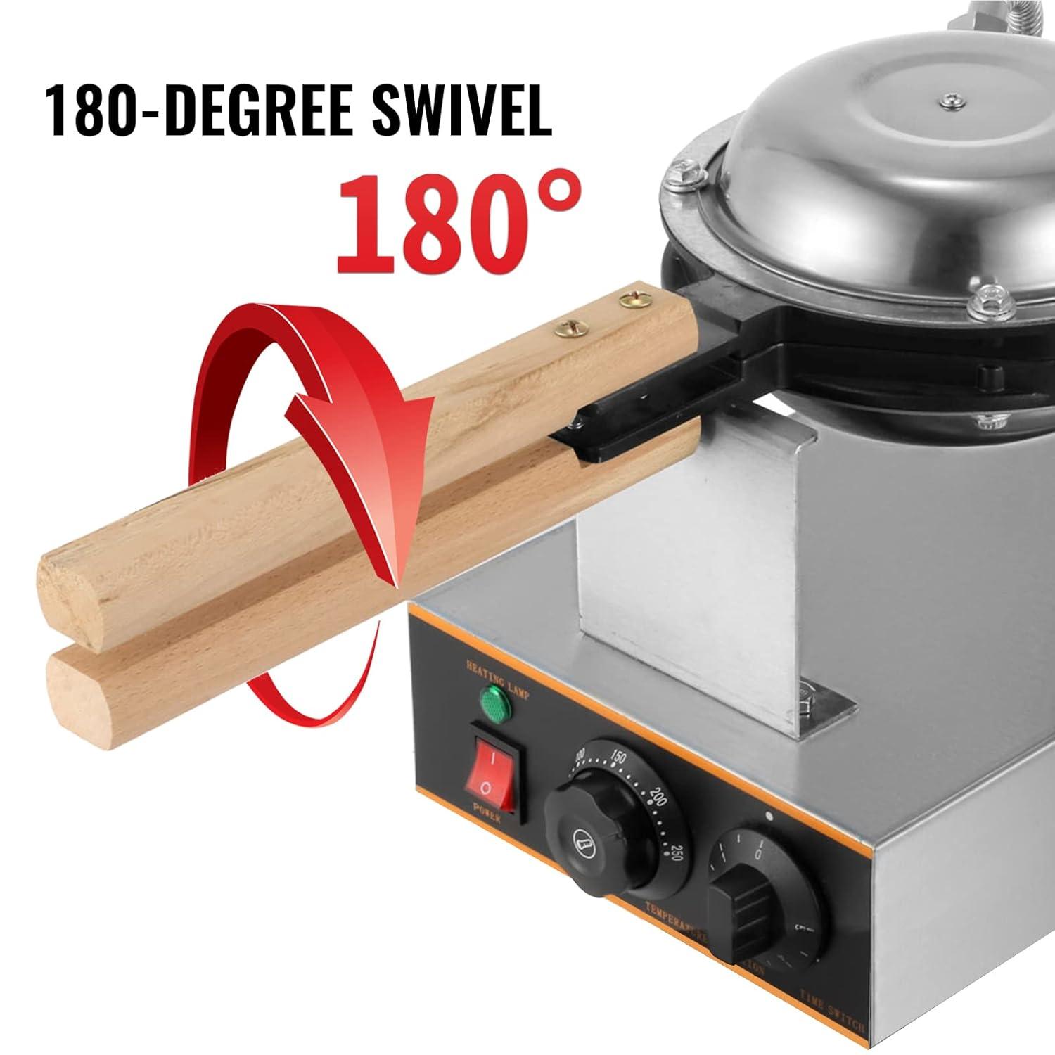 VEVOR Commercial Bubble Waffle Maker, 1400W Egg Bubble Puff Iron w/ 180° Rotatable 2 Pans & Wooden Handles, Stainless Steel Baker w/Non-Stick Teflon Coating, 50-250℃/122-482℉ Adjustable