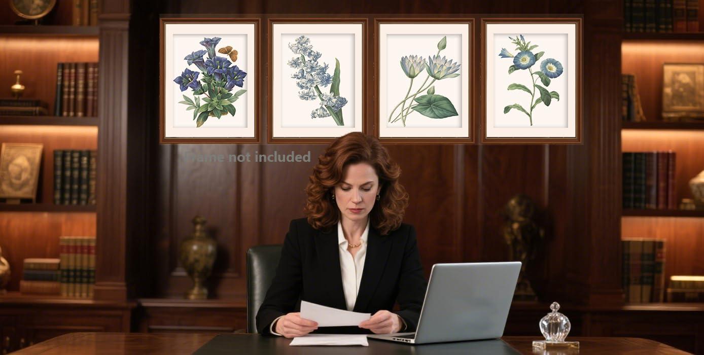 Blue Flower Canvas Wall Art Print, Vintage Floral Botanical Decor Antique Botany Poster, Blue Tone Morning Glory Water Lily Hyacinth Gentian Decorate for Office, Set of 4 ,8 X 10 In Unframed