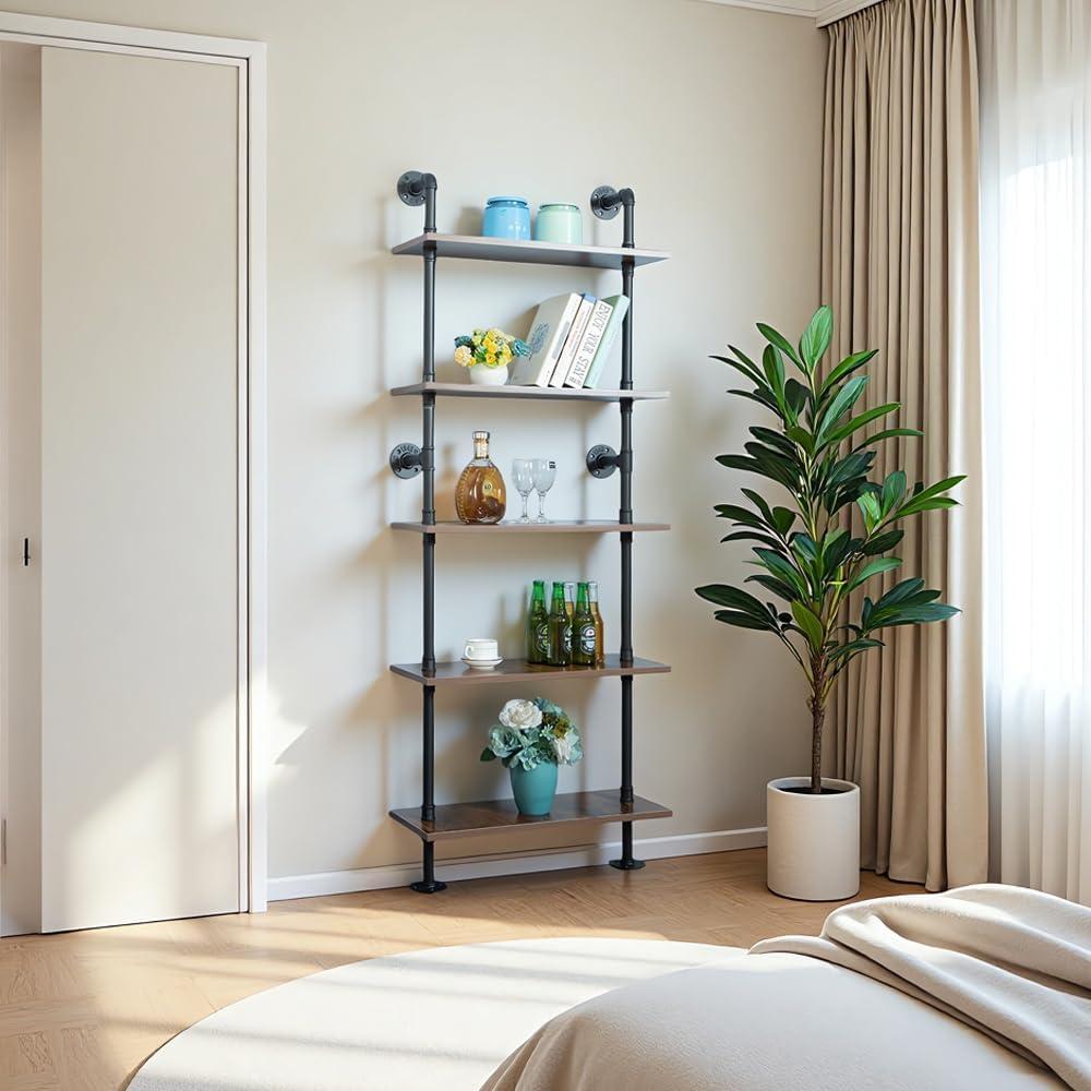 5 Shelf Industrial Pipe Shelving, Black Modern Bookcase Bookshelf, Wall Mount Ladder Shelf with Metal Frame Display Selves
